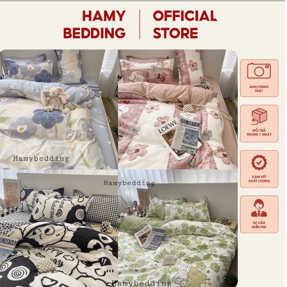 Bộ 3 món ga gối cotton poly họa tiết hàn quốc drap bọc đệm nhiều kích thước hamybedding