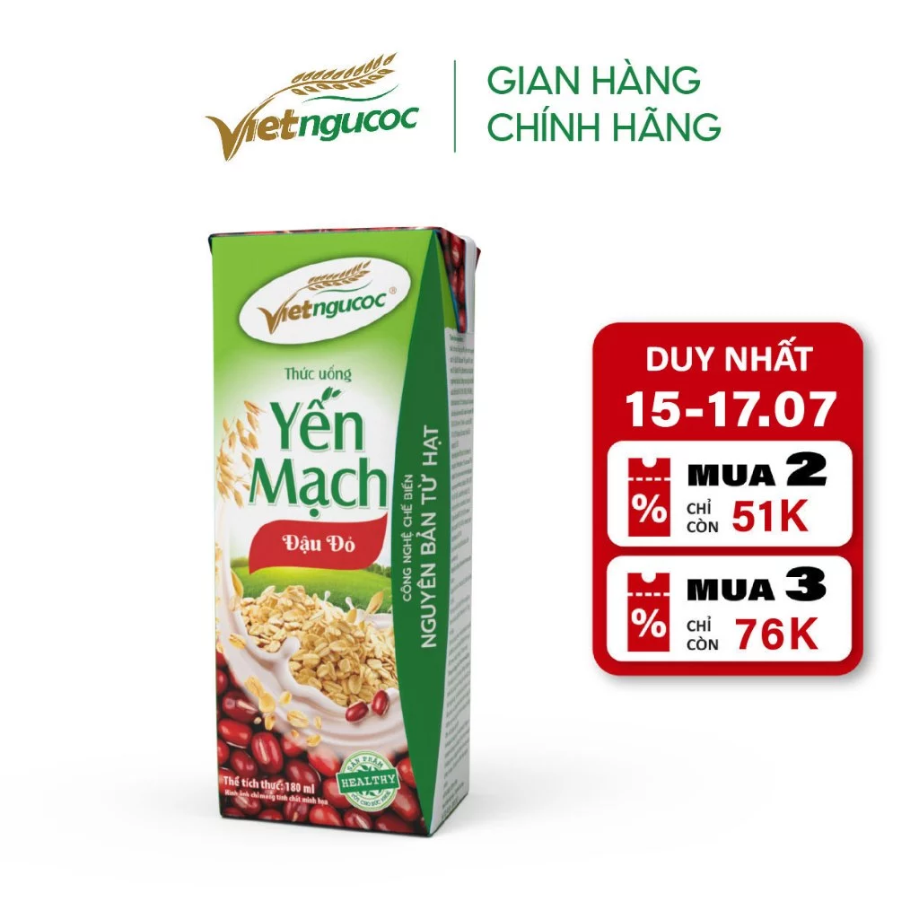 Lốc 4 Hộp Sữa Yến Mạch Đậu Đỏ VIỆT NGŨ CỐC Giàu Chất Xơ Tốt Cho Sức Khỏe Dùng Uống Liền 180ml/Hộp