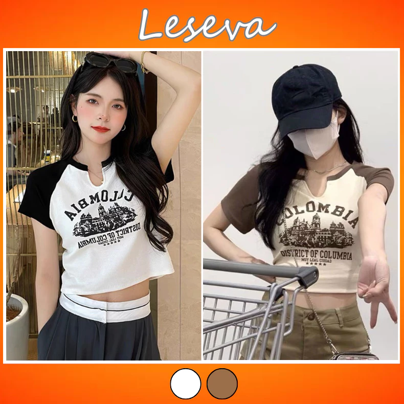 Áo croptop Colom cổ v tay ngắn ôm body siêu hack dáng, áo thun dáng ngắn mùa hè 113 - LESEVA