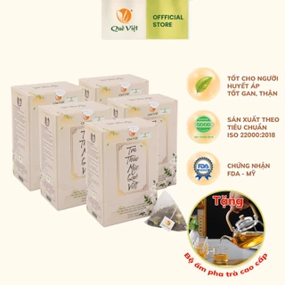 Combo 5 hộp Trà thảo mộc Quê Việt  hộp 600g (20gói x 30gr) + tặng bộ ấm thủy tinh pha trà Quê Việt - Thanh lọc mát gan