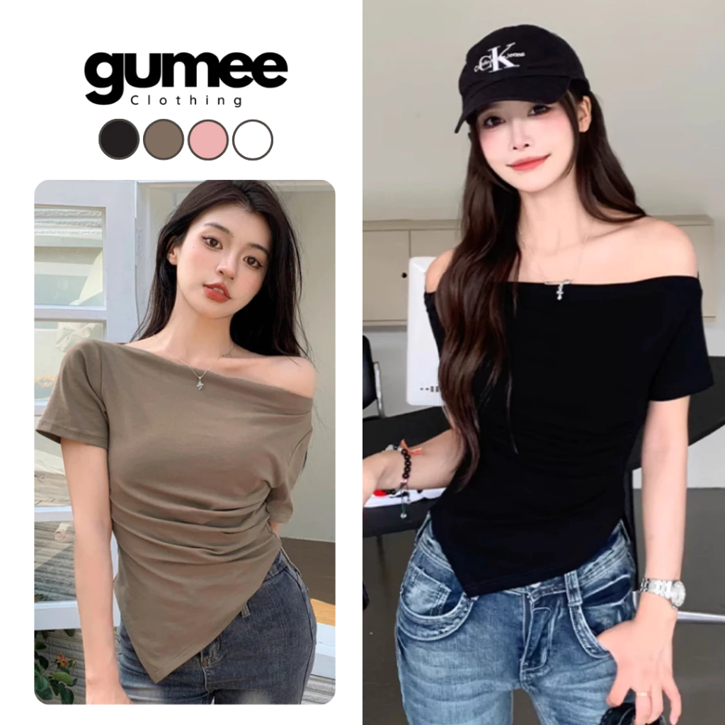 [XẢ KHO GIÁ GỐC] Áo nữ lệch vai ngắn tay Gumee, áo trễ vai nữ vạt chéo nhọn cổ thuyền chất thun mềm mặc hè - G04