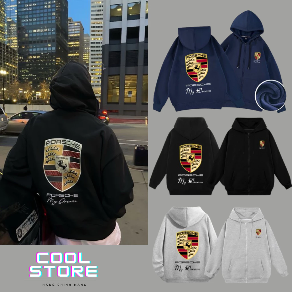 Áo Hoodie Zip PORSCHE  Nam Nữ Chất nỉ Bông Cao Cấp Chuẩn Form Unisex Chính Hãng Xịn Xò , tag mác đầy đủ COOL STORE