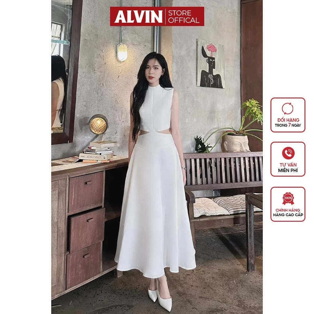 Đầm Dự Tiệc Dáng Xòe Kín Cổ Sát Nách Khoét Eo Alvin Store 1610
