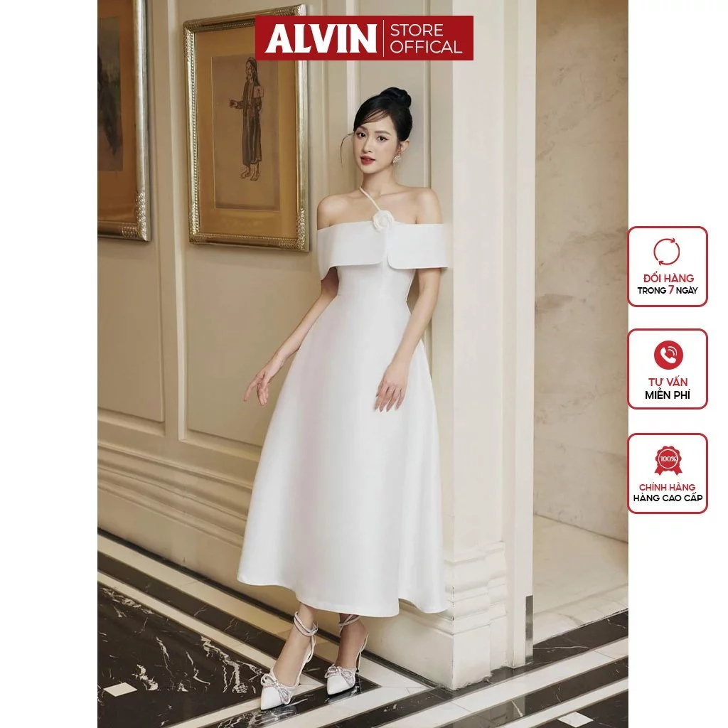 Đầm Dự Tiệc Dáng Xoè Dài Hở Vai Phối Hoa Chéo Dây Alvin Store 2949