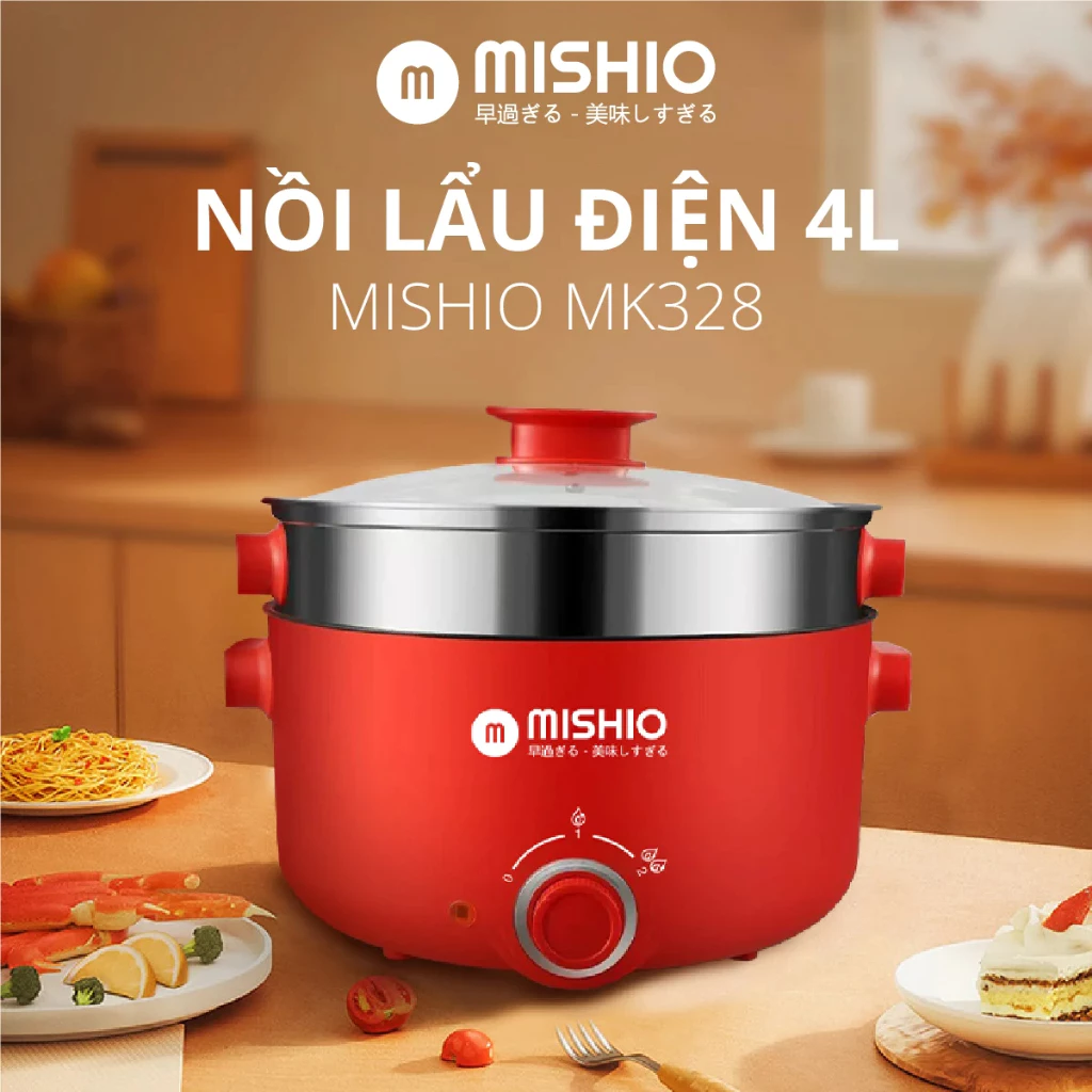 Nồi Lẩu Điện 4L Mishio MK328 có xửng hấp inox - hàng chính hãng bảo hành 18 tháng