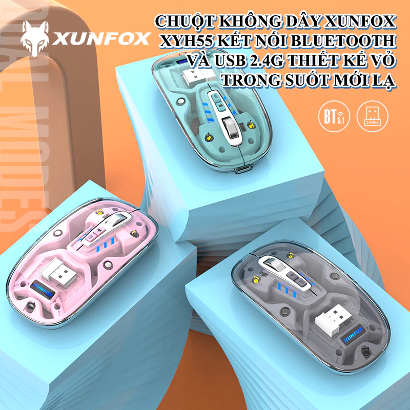 Chuột không dây XUNFOX XYH55 thiết kế vỏ ngoài trong suốt kết nối BLUETOOTH và 2.4
