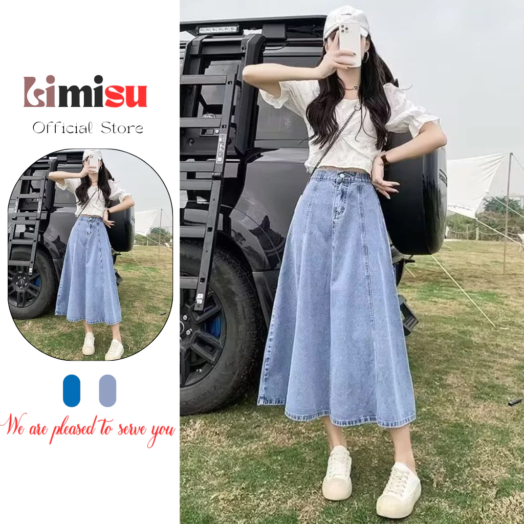chân váy jean dài xòe LIMISU xanh lưng cao váy bò dáng dài áy bò nữ chân váy dáng dài hàn quốc denim VX1