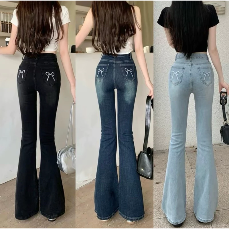 Quần jeans ống loe co giãn thêu nơ túi sau vải bò mềm phong cách Hàn Quốc
