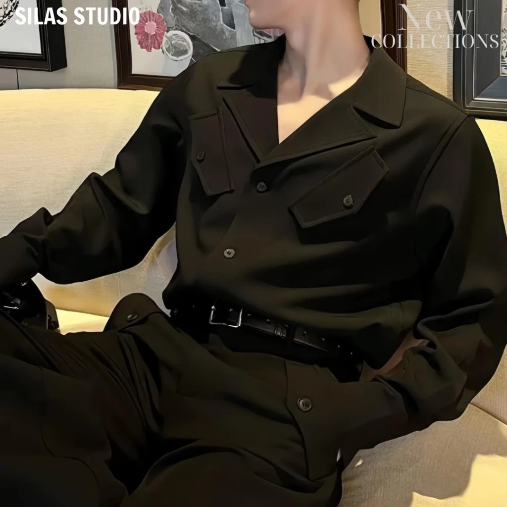 Áo Sơ mi basic trắng đen Copilot Nam Cotton Chéo Hàn Cổ Vest Giả Túi