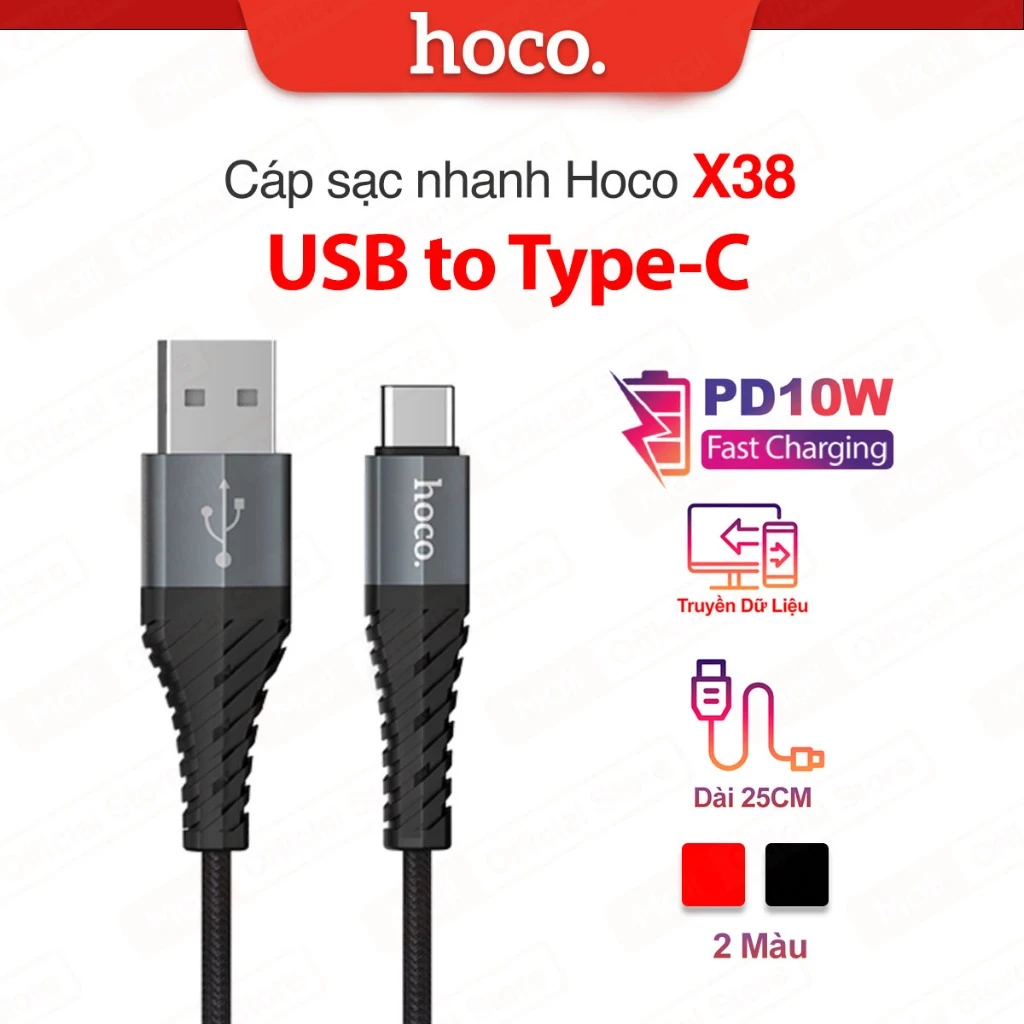 Cáp sạc PD10W USB to Type-C Hoco X38 dùng cho Android ,truyền dữ liệu dây dù dài 25CM siêu bền