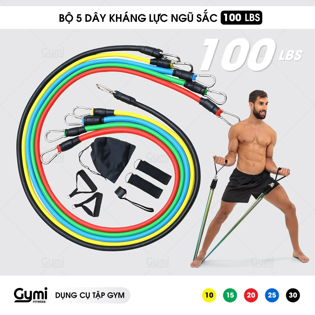 [100LBS - 11 Phụ Kiện] Bộ 5 Dây Ngũ Sắc Tập Full Body - Dụng Cụ Tập Gym Kháng Lực - NguSac100LBS