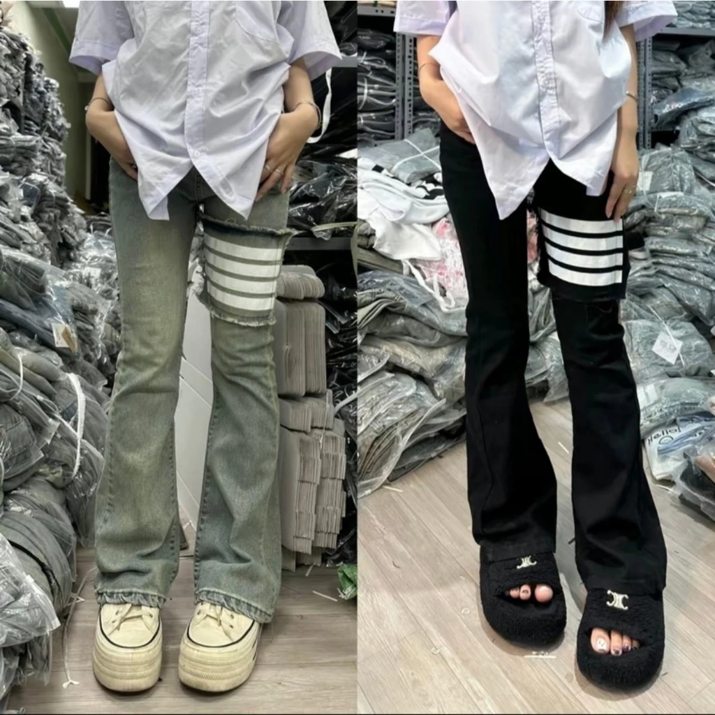 Quần jeans loe in vạch mài đùi lưng cao chất bò co dãn phong cách trẻ trung năng động