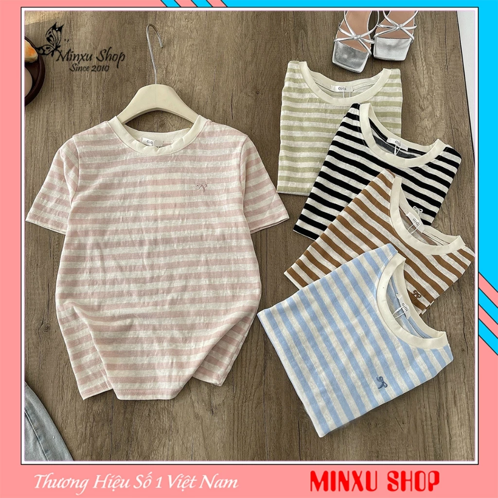Áo Phông Giấy Kẻ Sọc Thêu NƠ 5 Màu Hàng QC Minxu Shop PZ51