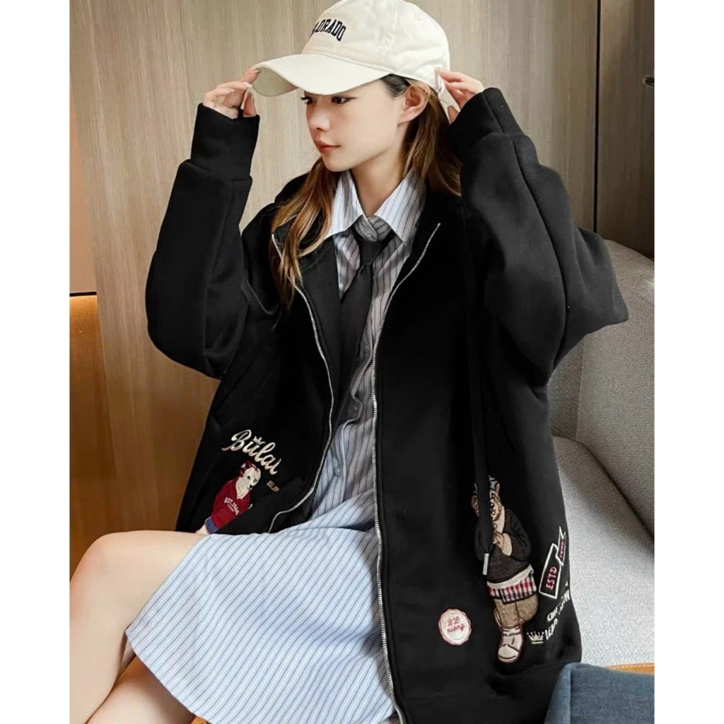 ÁO HOODIE DÂY KÉO THÊU HÌNH GẤU ĐÁ BÓNG PHONG CÁCH CÁ TÍNH PHÙ HỢP THỜI TRANG
