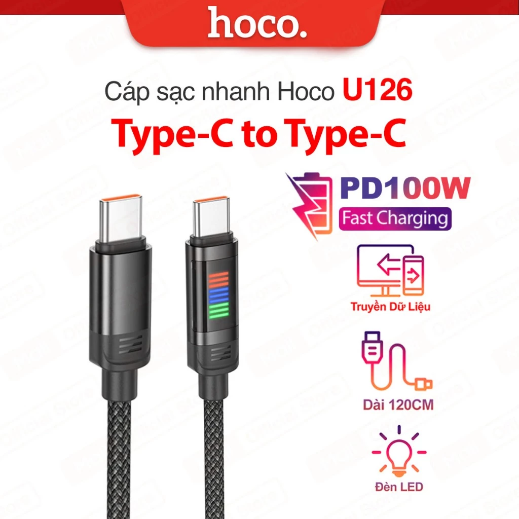 Cáp sạc nhanh PD100W Type-C to Type-C Hoco U126 hỗ trợ truyền dữ liệu dùng cho Laptop/Smartphone dài 120CM