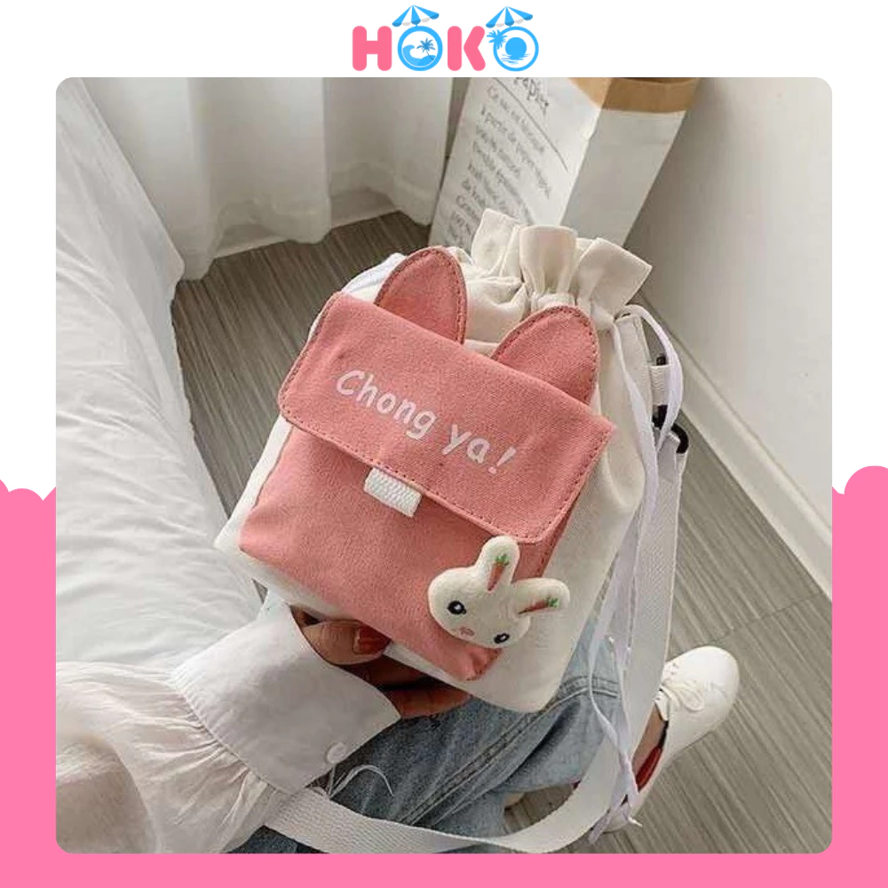 Túi đeo chéo vải canvas mini HOKO mẫu mới nhất 2026 túi đeo vai tai thỏ phối dây rút siêu dễ thương