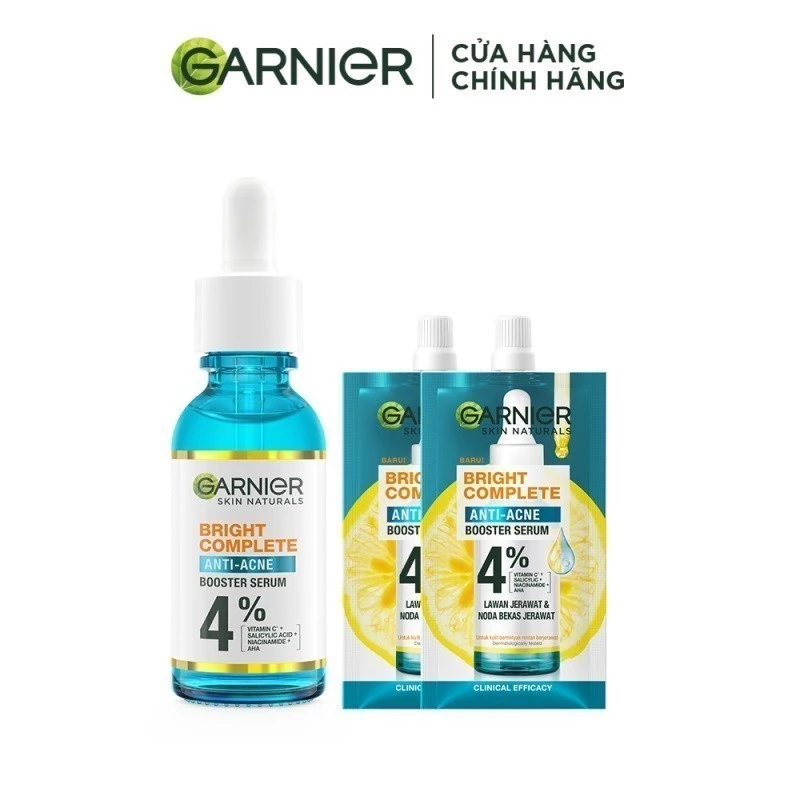 Serum GARNIER tinh chất giảm mụn mờ thâm Bright Complete Anti-Acnes Booster minisize 7.5ml 30ml