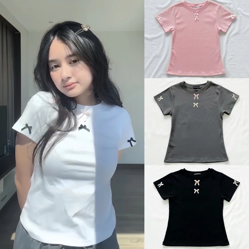Áo Thun Đính Nơ Form  Baby Tee Nhiều Màu Chất Cotton Dầy Dặn Mềm Mại Co Giãn Vải Cotton Siêu Mát MA 866