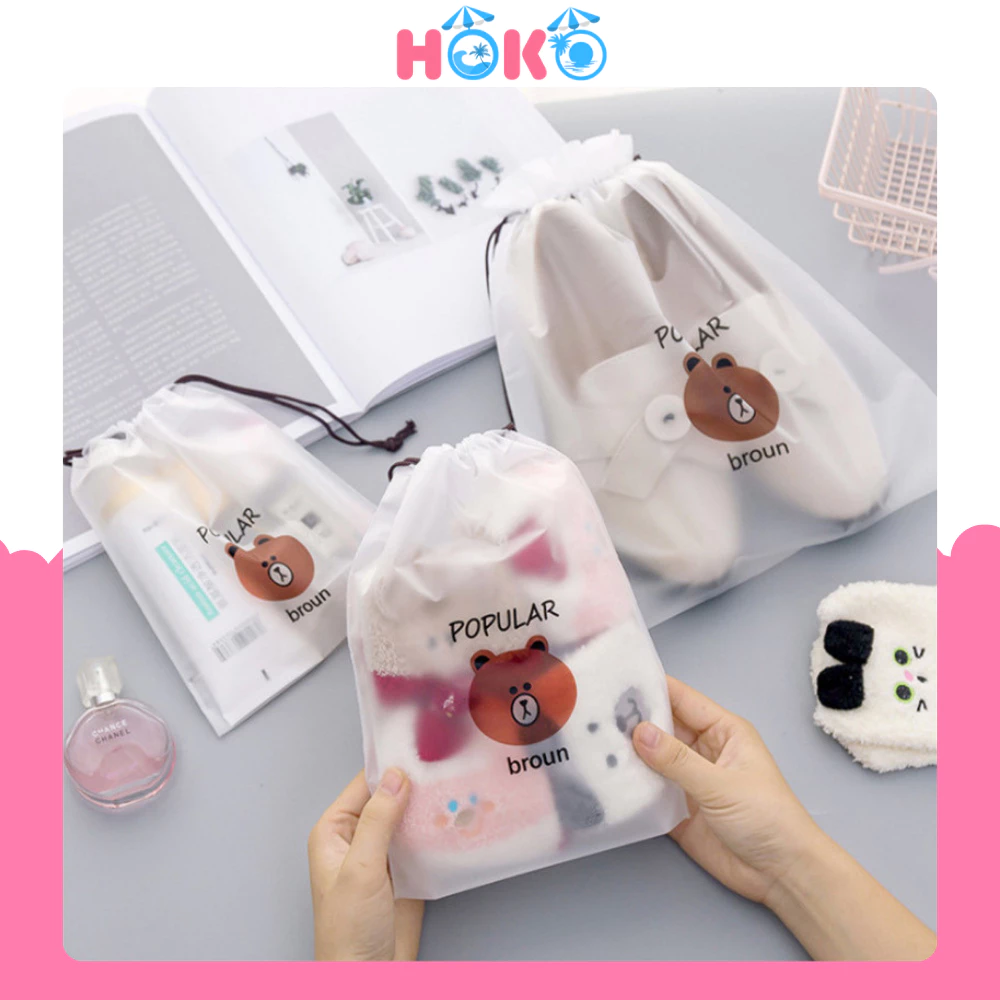 Combo 5c túi du lịch đựng giày dép, quần áo, mỹ phẩm HOKO  Túi dây rút gấu Brown