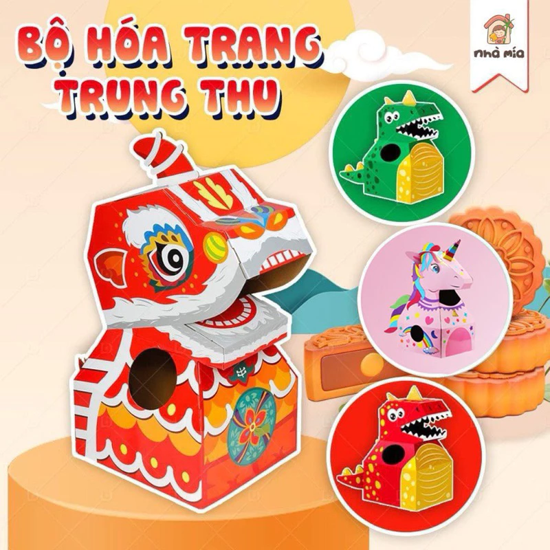 [Có Đèn Size to] Đồ chơi hoá trang trung thu đầu lân khủng long, Đồ chơi trung thu Diy hoá trang kì lân vui nhộn cho bé
