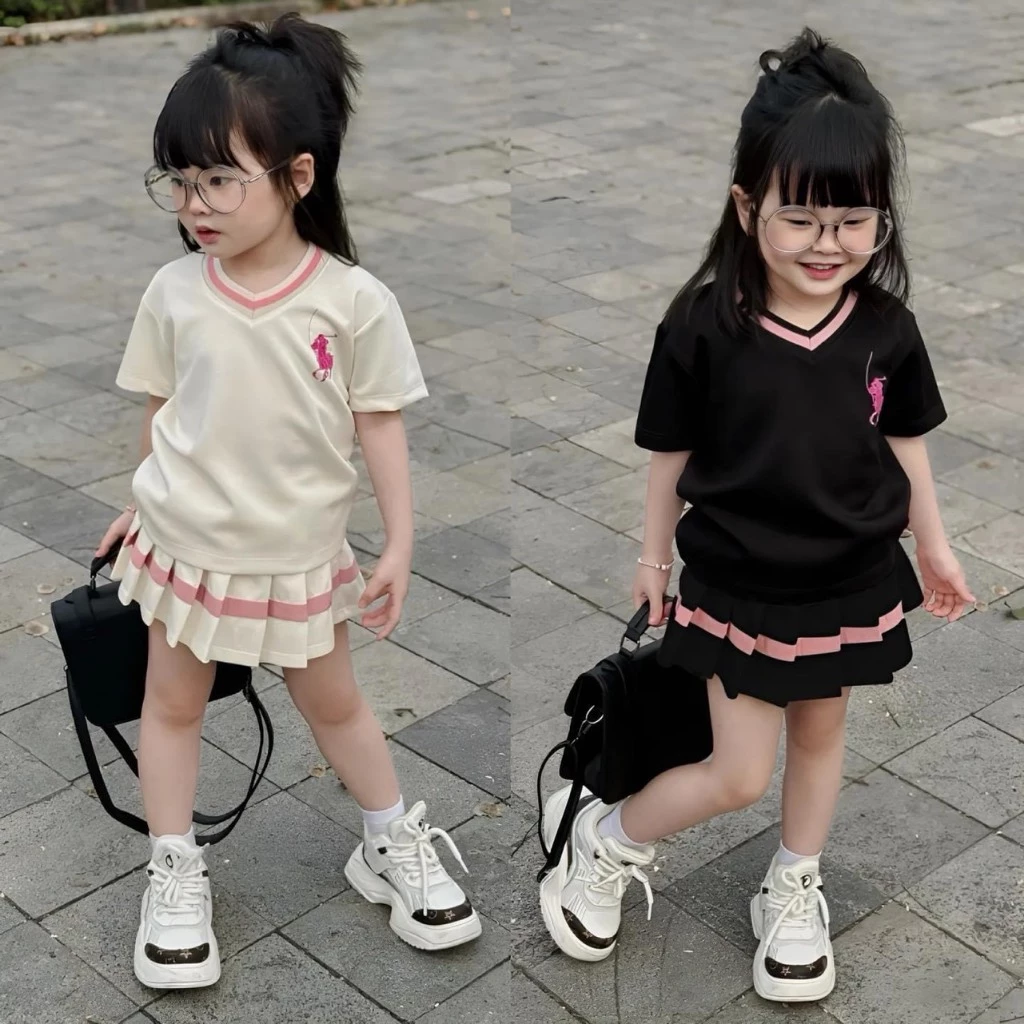 Sét váy ngựa cổ tim xếp li đanh cho bé gái từ 9-35kg chất liệu cotton mã HL1