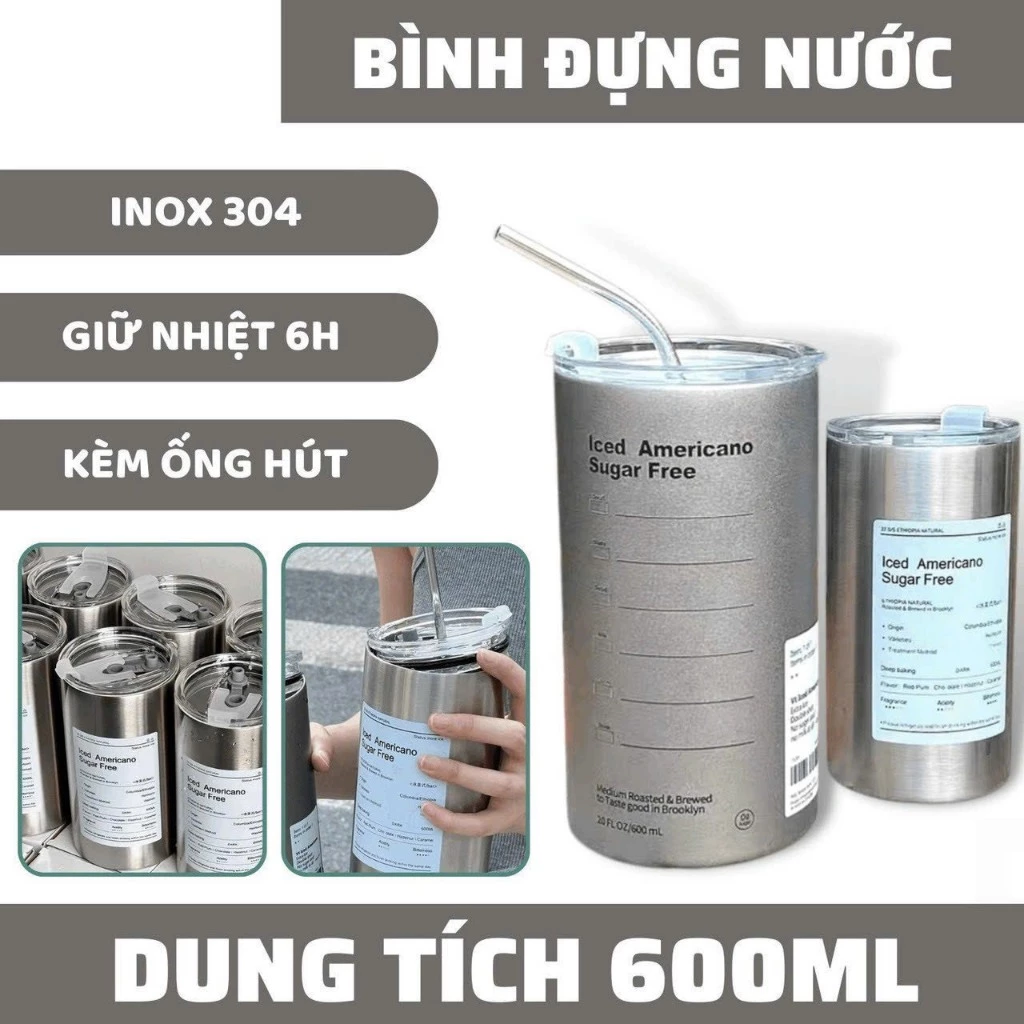 [HCM Giá Rẻ] Ly Giữ Nhiệt Iced Americano Cao Cấp Giữ Nhiệt 6-8H Dung Tích 600ML Tặng Kèm Ống Hút