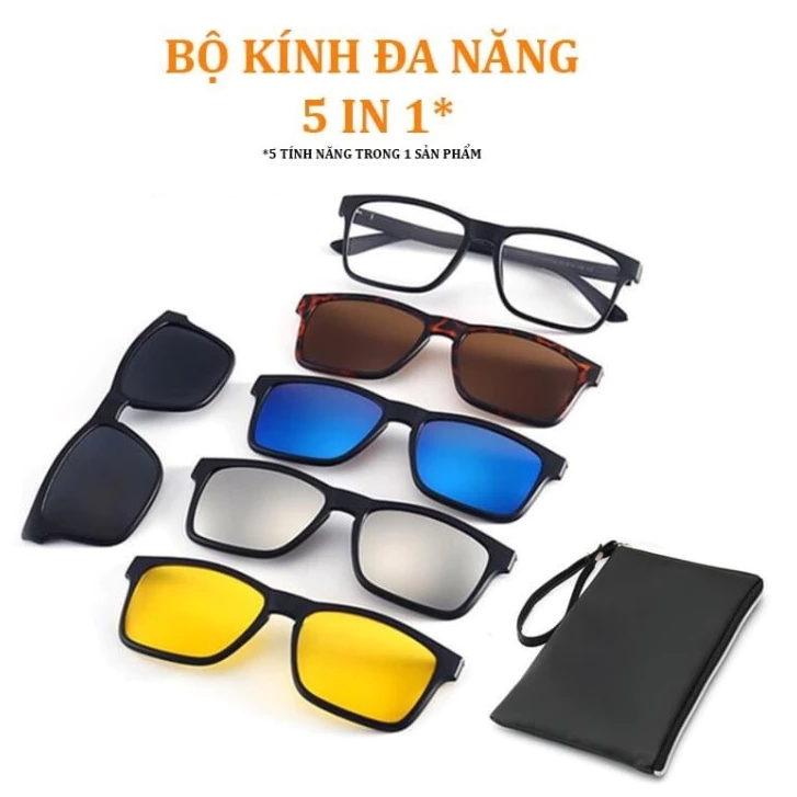 Bộ Kính Thời Trang 5 Trong 1 (Kèm Bao Da), Gọng Kính Nam Châm Tháo Lắp Tiện Lợi Cho Nam Nữ FERADO