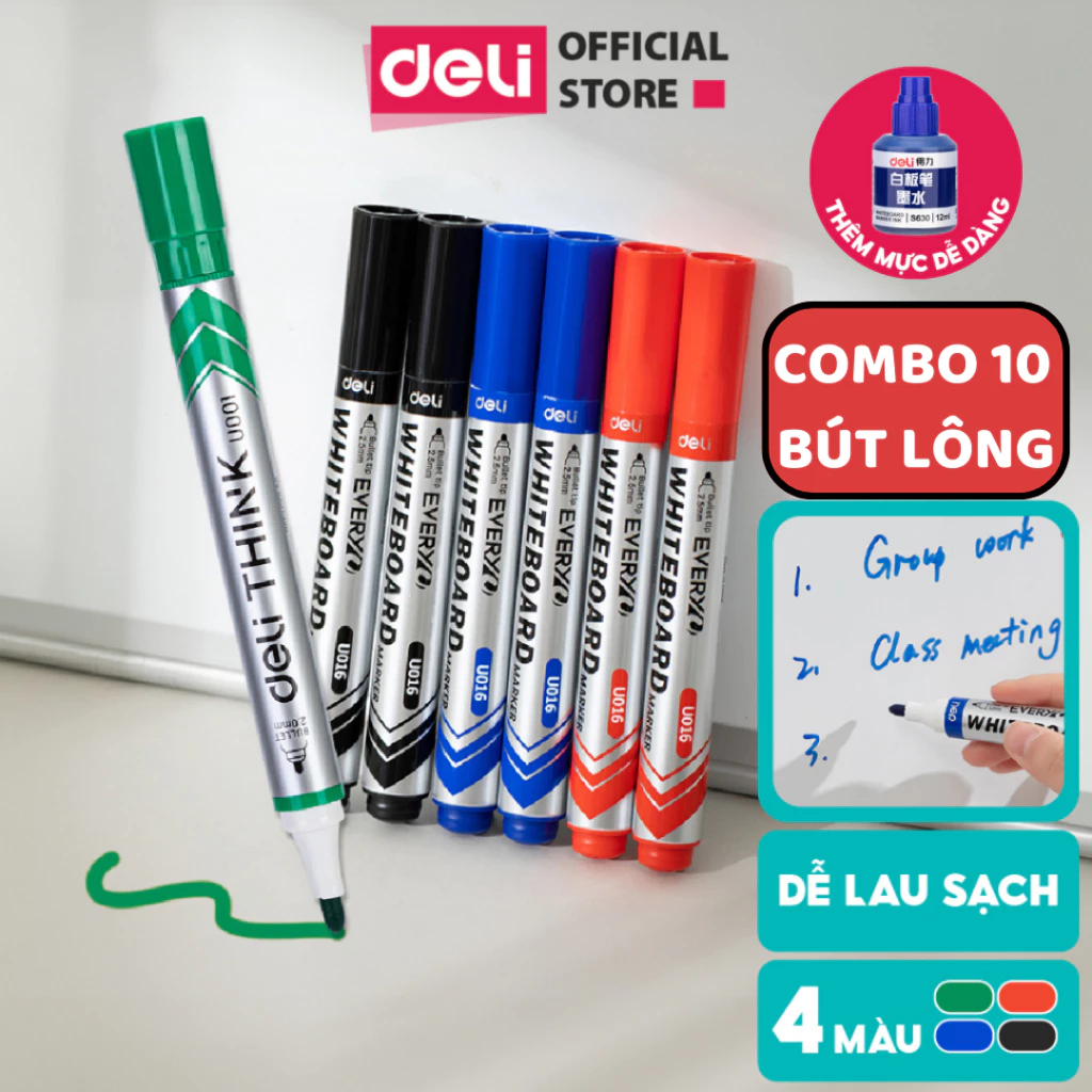 Combo 5/10/20 Bút Lông Bảng Xoá Được DELI Thêm Mực Đầu Bút Viết Êm Trơn Nhiều Mực Đậm 4 Màu