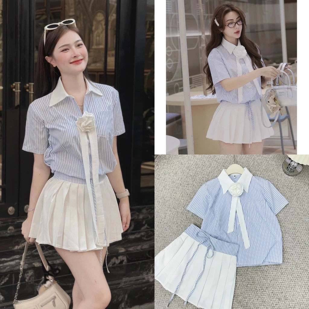 Set Áo Kẻ Sọc Xanh Phối Cổ Sơ Mi Trắng Gắn Thêm Tag Hoa Mix Chân Váy Xếp Ly Phối Kẻ Nơ Eo (Ảnh Thật Trải Sàn) Lollaye