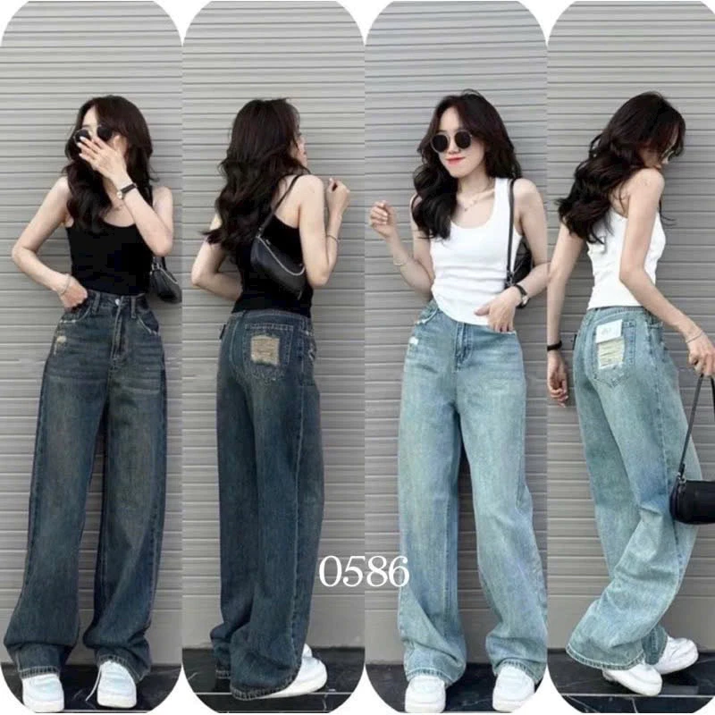 Quần Jeans nữ ống rộng cào rách túi sau cạp cao phong cách Ulzzang