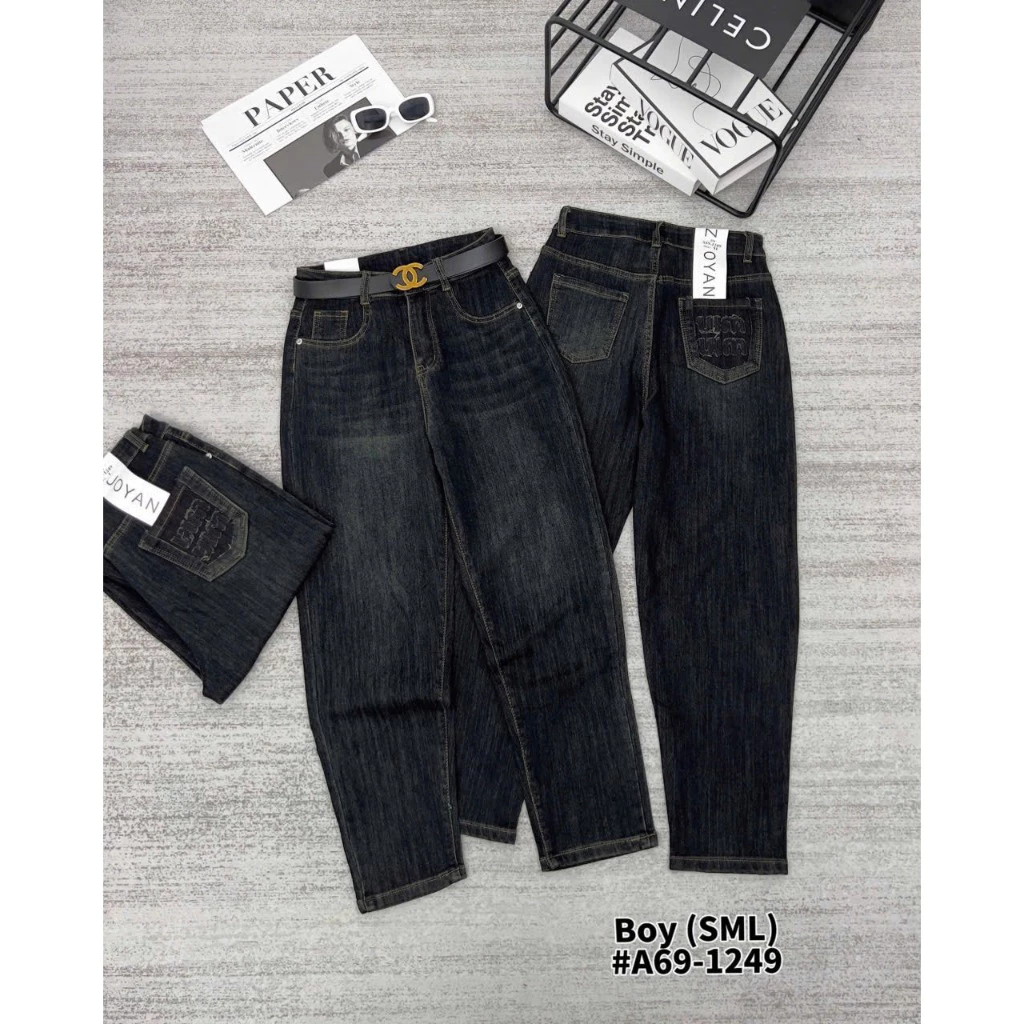[BIGSIZE 80KG] 1249 Quần Jean Baggy Nữ Dáng Thụng Cạp Cao Co Giãn Trơn Túi Sau Thêu Miu Rách