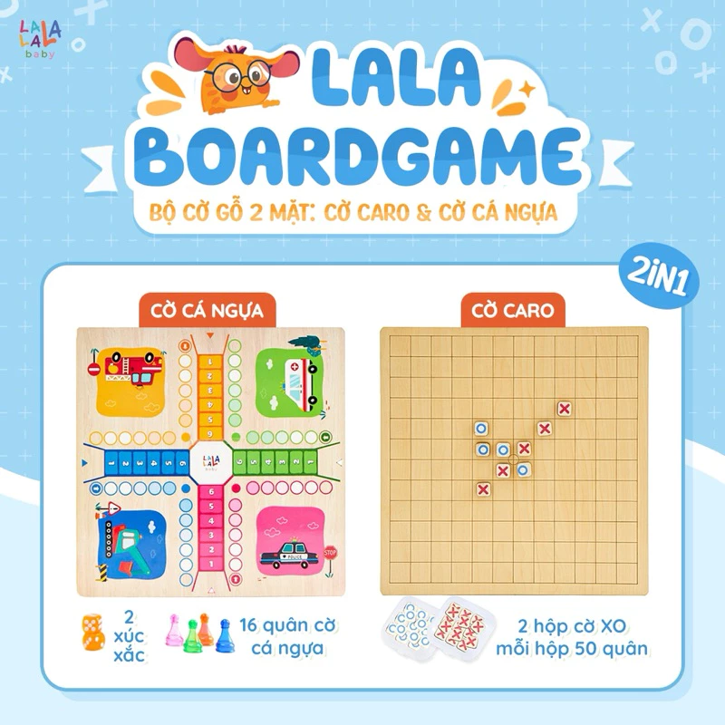 Bộ cờ đa năng 2in1 cá ngựa kèm cờ caro Lala cho bé trò chơi dân gian cờ caro cá ngựa cho bé bằng gỗ