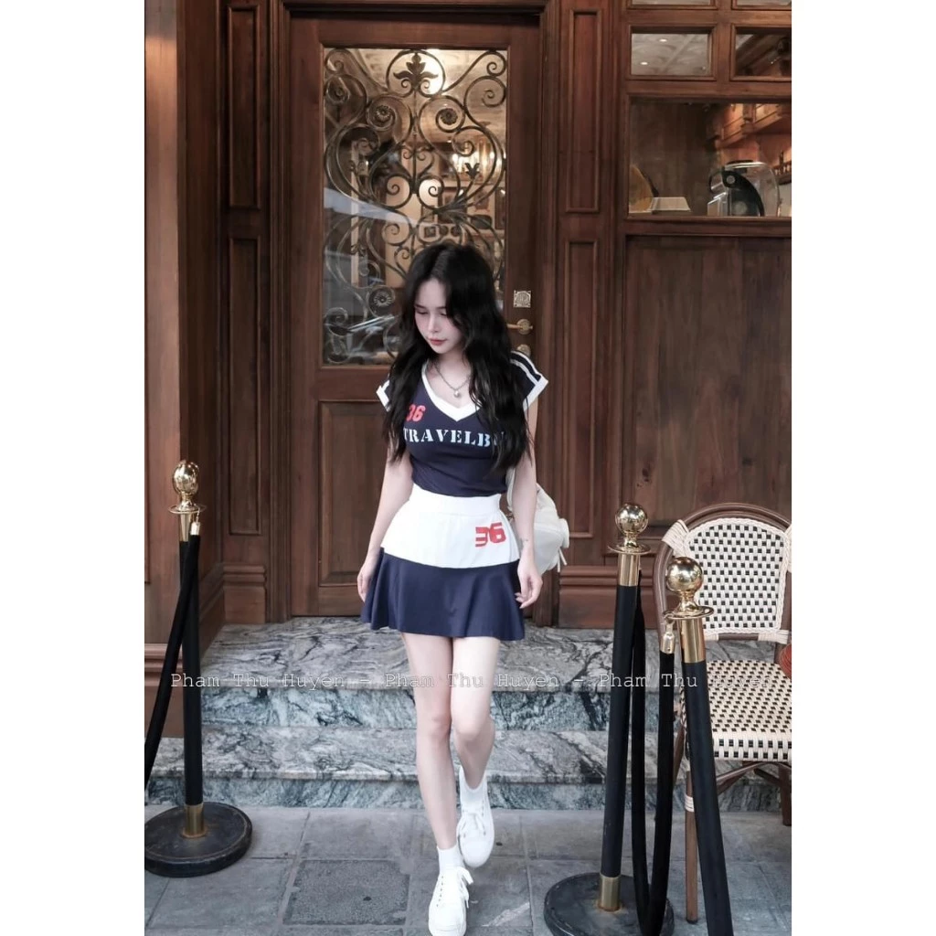 B107 SET 36 CỔ TIM Set Bộ Đồ Nữ Sang Chảnh Áo Kiểu Nữ In 5D Cổ V Mix Chân Váy Có Lót Trong 2size 40-65kg