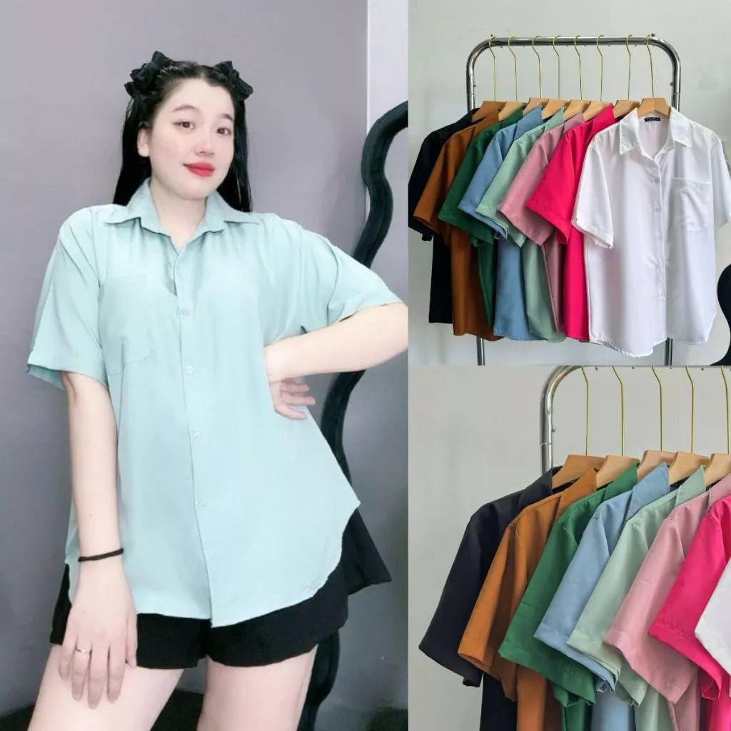 Áo sơ mi bigsize nữ basic ngắn tay có túi chất lụa mềm mịn mát không nhăn màu sắc basic 58-95kg SM1T