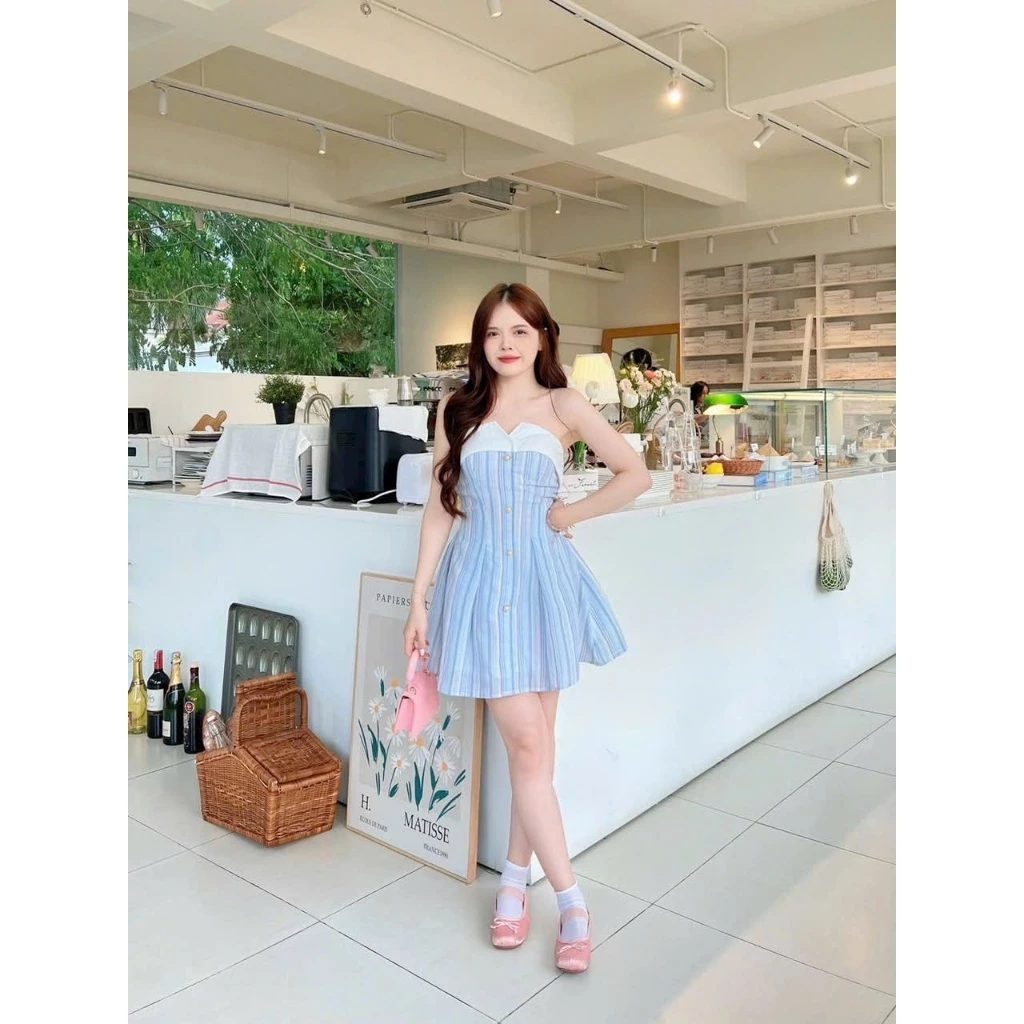 Đầm cúp ngực dự tiệc, đầm váy nữ thiết kế dáng ống( Có Mút Ngực) chất liệu kẻ phối nơ sang chảnh cho nàng đi tiệc