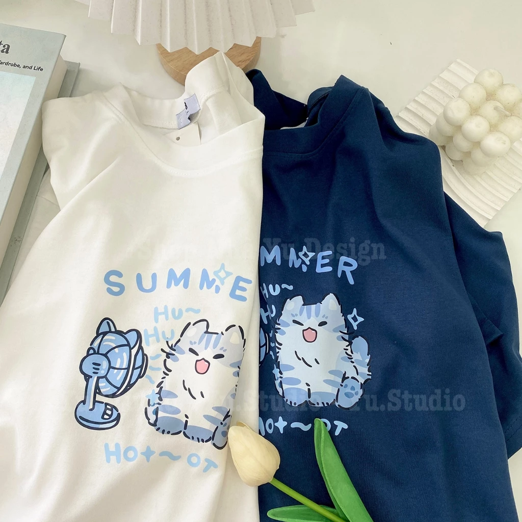 Áo thun 3158 YUSTUDIO form rộng chất cotton khô mẫu Mèo Xanh Summer