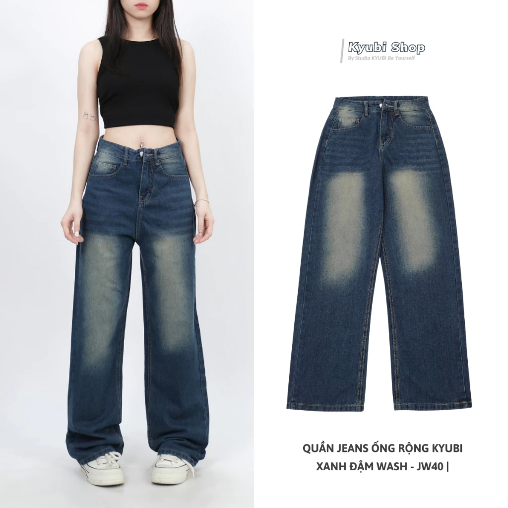 Quần Jeans Dài Wash KYUBI Ống Rộng Cạp Cao Retro Tôn Dáng Nữ - JW40