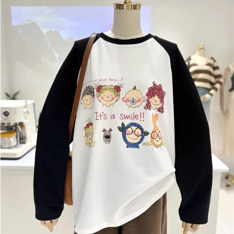 Áo thun nữ tay dài phối tay in hình menina_studio, Áó tay dài nữ Ragan form rộng in hình phong cách Hàn Quốc vải XƯỢC