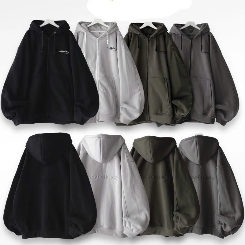 Áo Khoác NOTBADCHOICE Dập Nổi Thun Nỉ Len Tay Dài Kiểu Rộng Unisex - Áo Hoodie Zip Jacket Nam Nữ Chống Nắng Top Đen