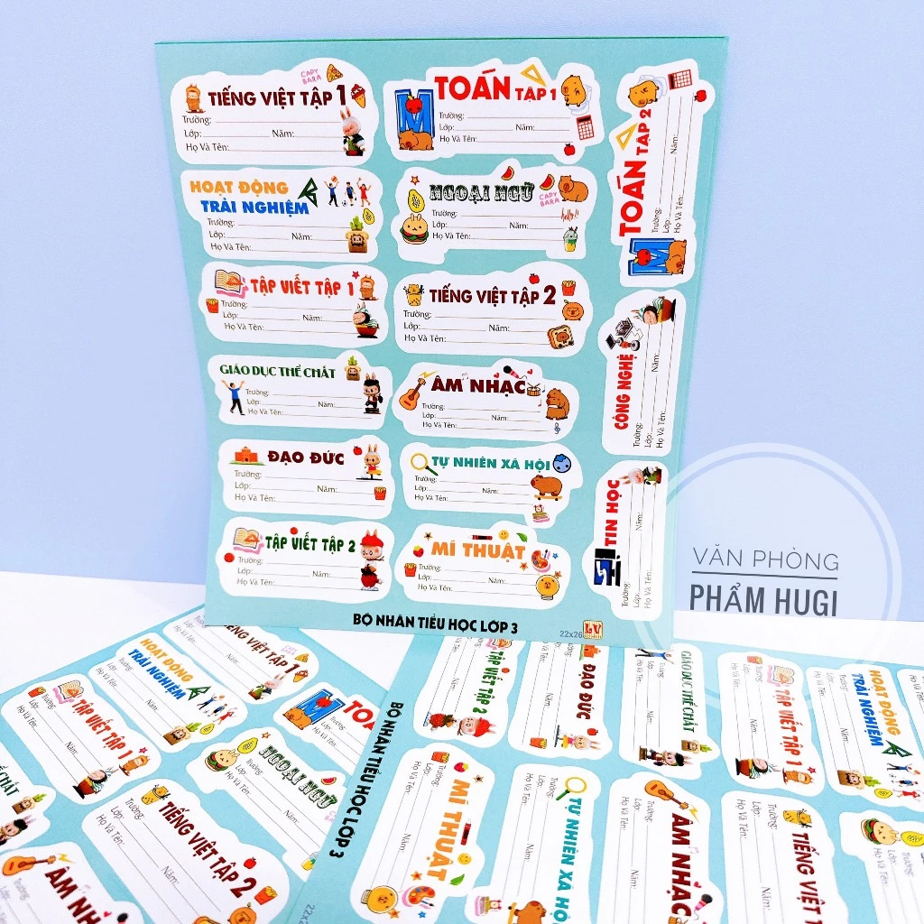 Combo 75 Cái Nhãn Tên Lớp 3 có keo dán thiết kế theo tên môn học tiện lợi