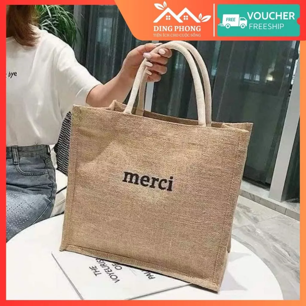 Túi cói đi biển Merci loại 1 khóa kéo size to A4 đứng form đựng đồ mẫu mới hè 2024 Gọn Gàng