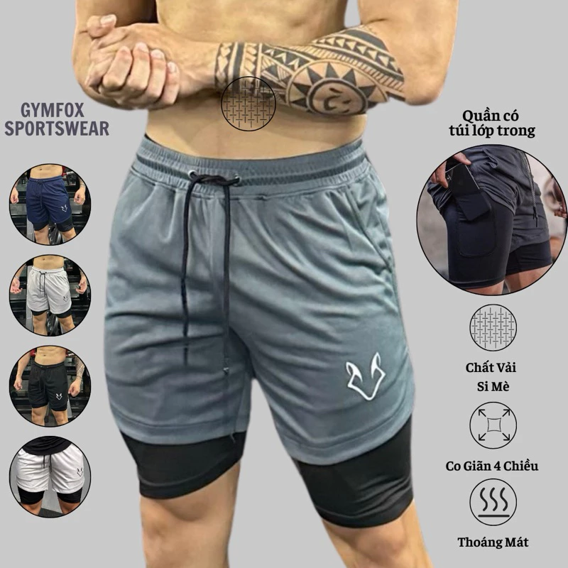 Quần Short Thể Thao Nam Tập Gym 2 Lớp Có Túi Trong Gym-Fox