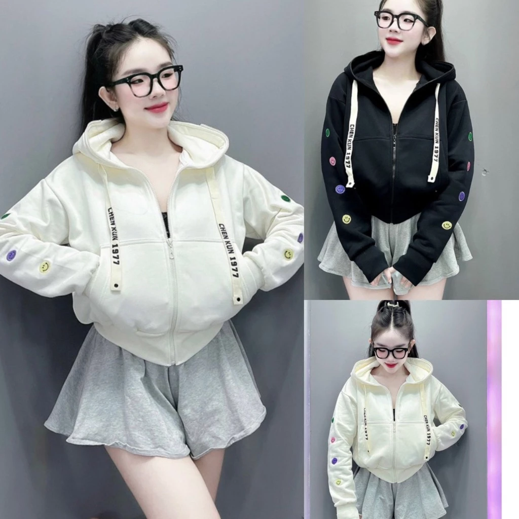 [NEW] Áo Khoác Nỉ CÓ NÓN Tay Thêu ICON Mặt Cười Dây Kéo Họa Tiết Có Túi Trong Tay Xỏ Ngón Như HÌNH