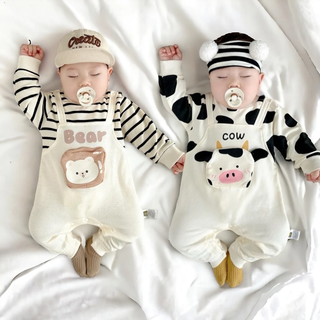 Bodysuit dài tay vải thun tăm cho bé trai bé gái mặc thu đông Body áo liền quần COW BEAR SLT130