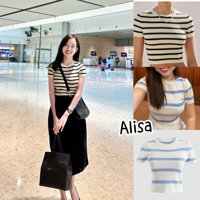 Áo len cộc tay Kẻ ngang (dáng ngắn) 2 màu- ALISA