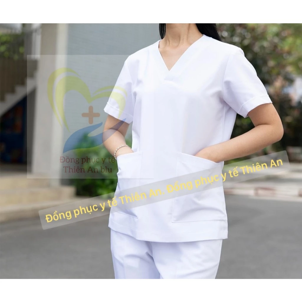 Bộ Scrubs bác sĩ, blouse cổ tim, đồng phục điều dưỡng, spa, thẩm mỹ viện, dược sĩ,Màu trắng vải Lon nhật.