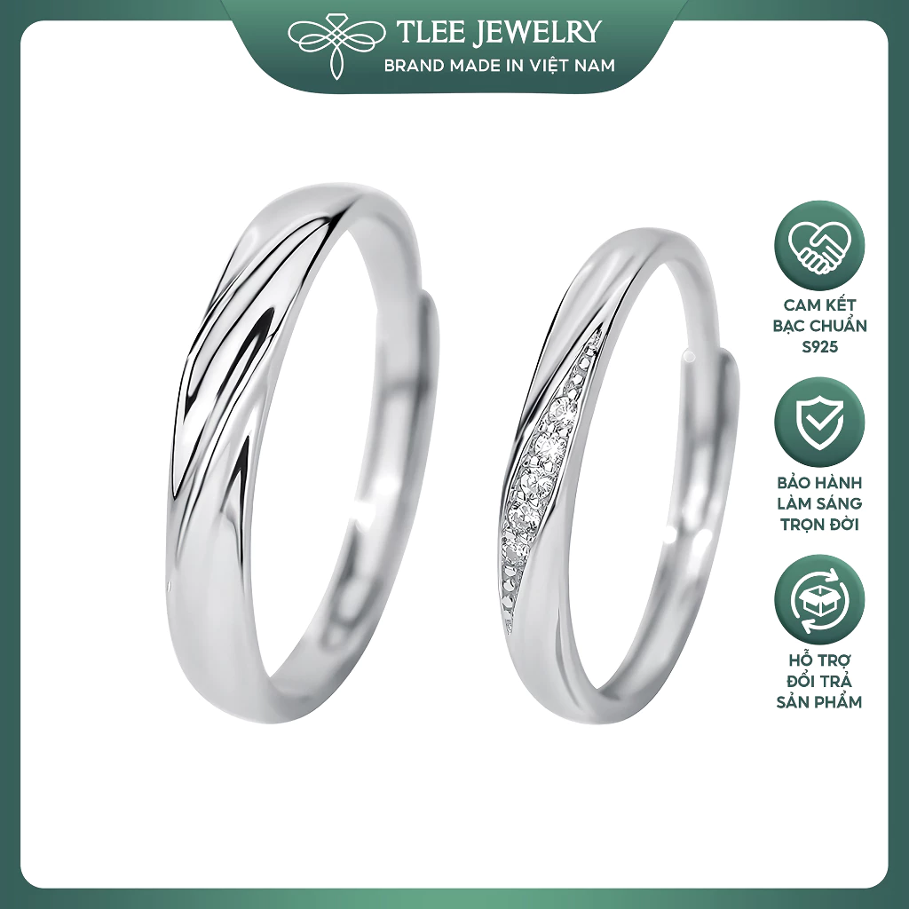 Nhẫn đôi bạc TLEE, nhẫn đôi sóng đá kết nối đính đá TLEE JEWELRY