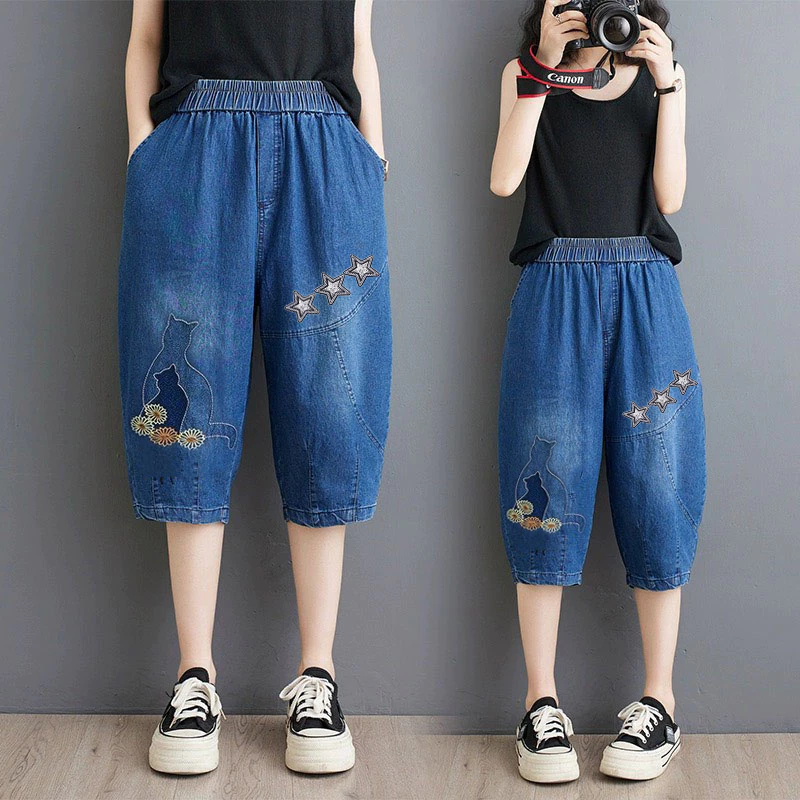 Quần Jeans Bò Nữ Lửng Thêu họa tiết Mèo độc đáo , dễ thương [M28]
