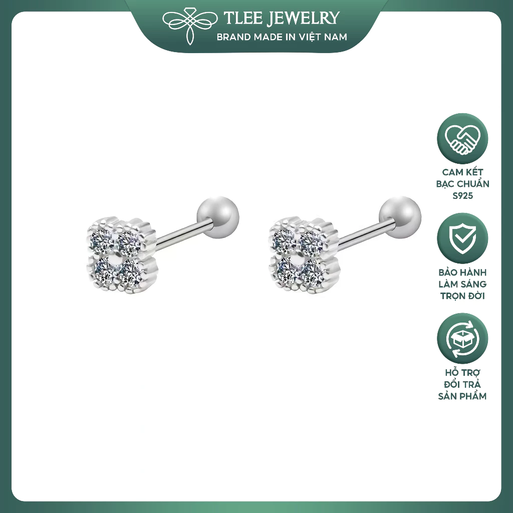 Khuyên tai bạc nữ TLEE cỏ bốn lá đính đá chốt ren bi xinh xắn TLEE JEWELRY B0419