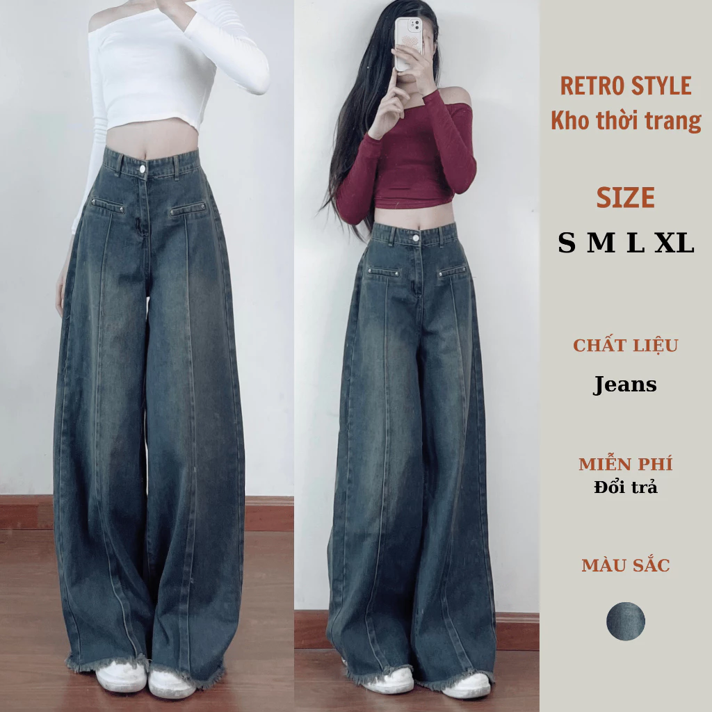 Quần jeans dài ôm eo màu đậm Retrostyle quần bò ống rộng viền thô cổ điển cạp cao